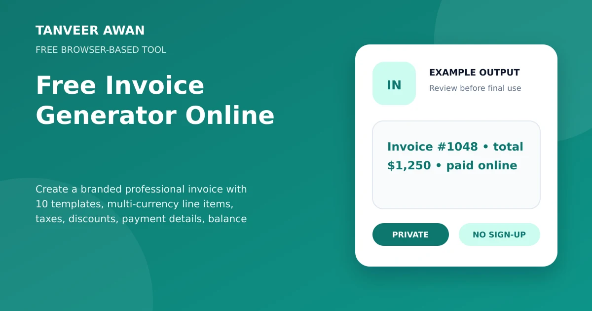 Invoice Generator example output visual: Invoice #1048 • total $1,250 • paid online