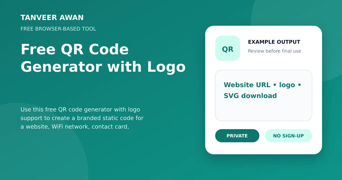 QR Code Generator example output visual: Website URL • logo • SVG download