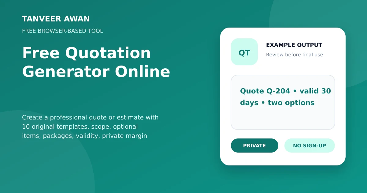 Quotation Generator example output visual: Quote Q-204 • valid 30 days • two options
