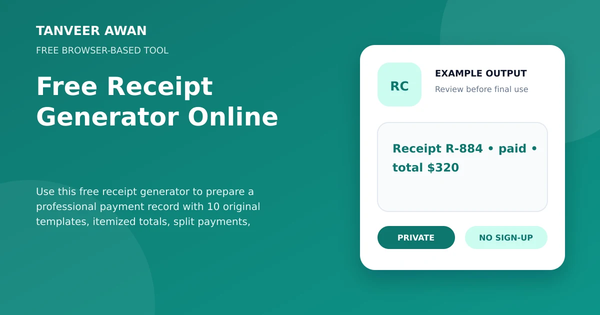 Receipt Generator example output visual: Receipt R-884 • paid • total $320