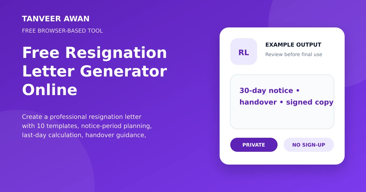 Resignation Letter example output visual: 30-day notice • handover • signed copy