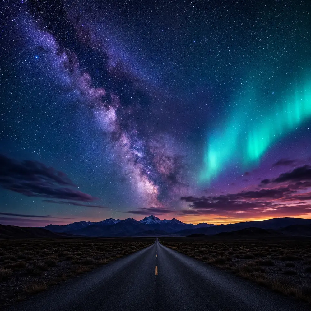 A dark desert road under a vivid Milky Way and turquoise aurora