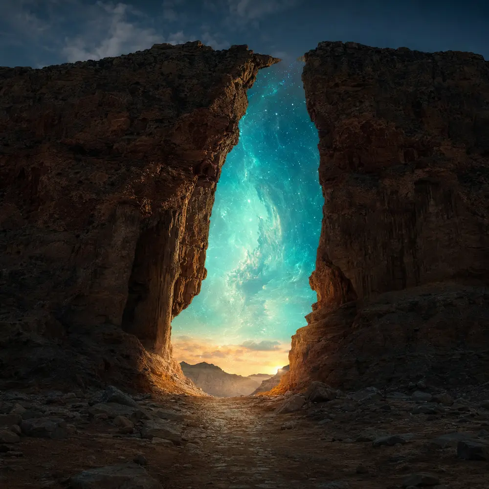Dark Hingol rock cliffs opening onto a luminous turquoise portal