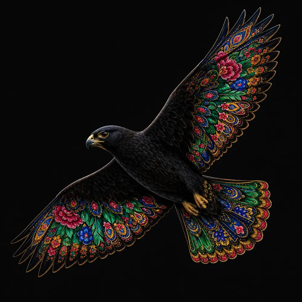 Black falcon with colourful truck-art inspired patterns on its wings